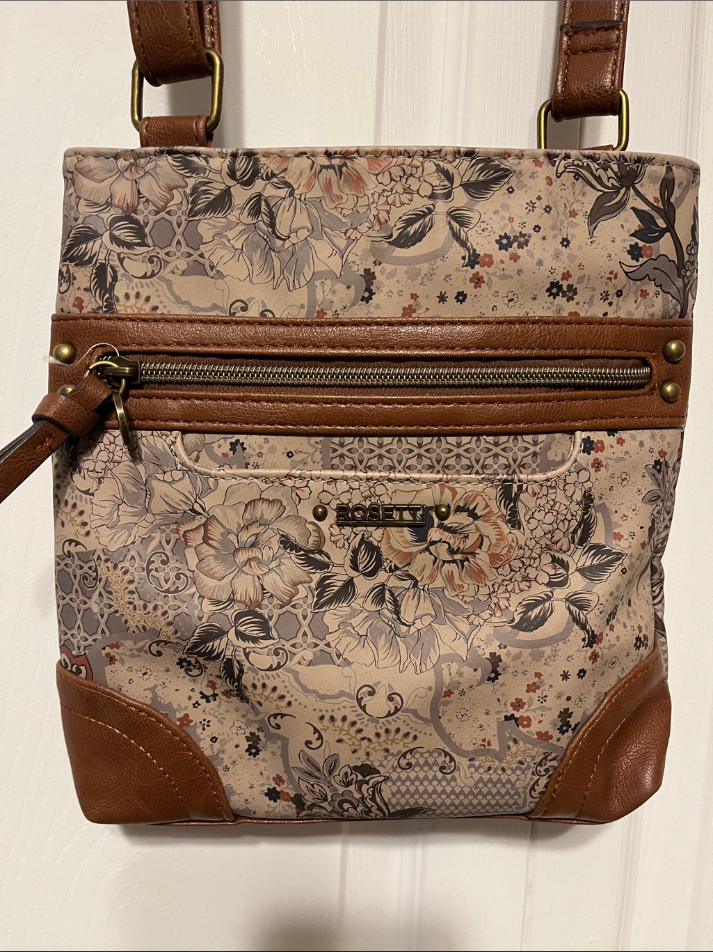 Rosetti Beige Floral Crossbody With Brown Trim